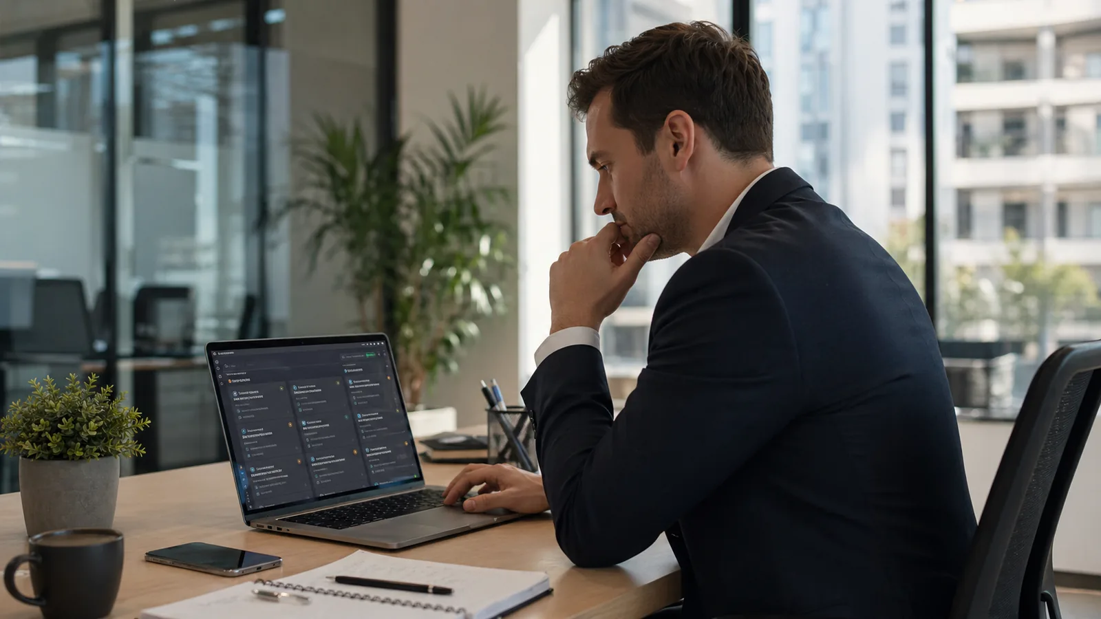 Руководитель продаж и менеджер разбирают просроченные задачи в CRM на ноутбуке в офисе.